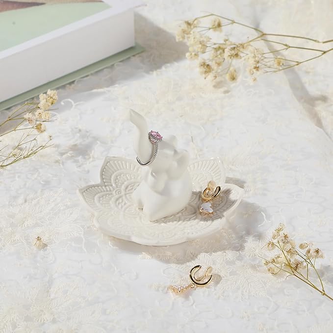 White Elephant Ring Holder With Mandala Jewelry Dish, Boho Decor, Holder for Rings Earrings Bracelets, Gifts for Adults, Birthday Mothers Day Christmas Gifts for Women