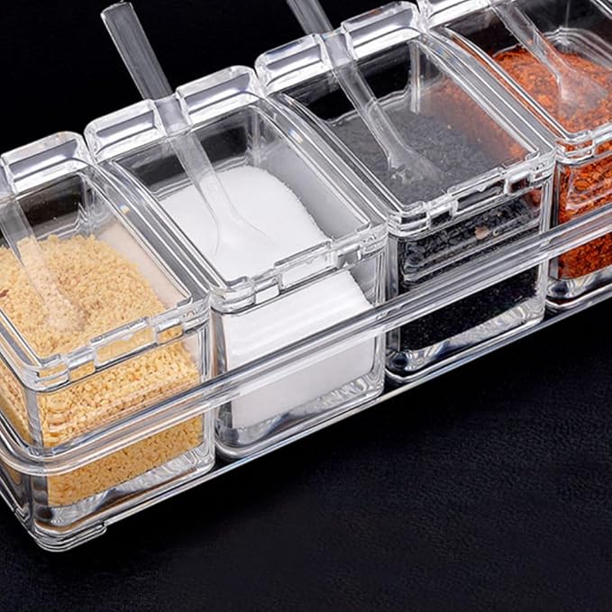 4-Cell Clear Seasoning Rack Spice Box Storage Container Condiment Jars Acrylic Seasoning Box with Cover and Spoon