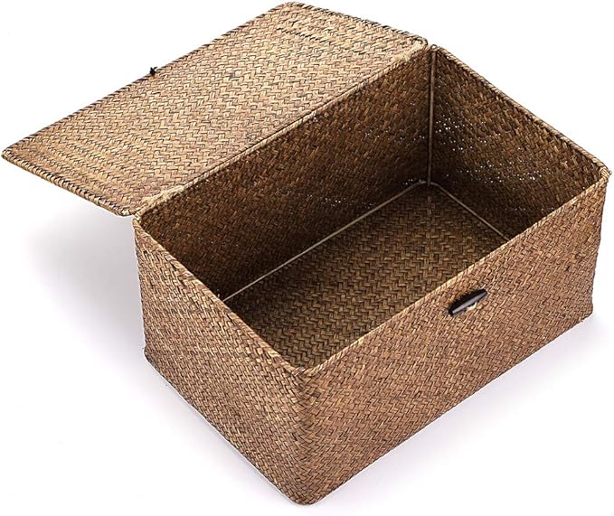 Hipiwe Set of 3 Natural Seagrass Storage Baskets with Lid - Large Handwoven Wicker Storage Bins Rectangular Household Organizer Boxes Shelf Wardrobe Organizer, Coffee