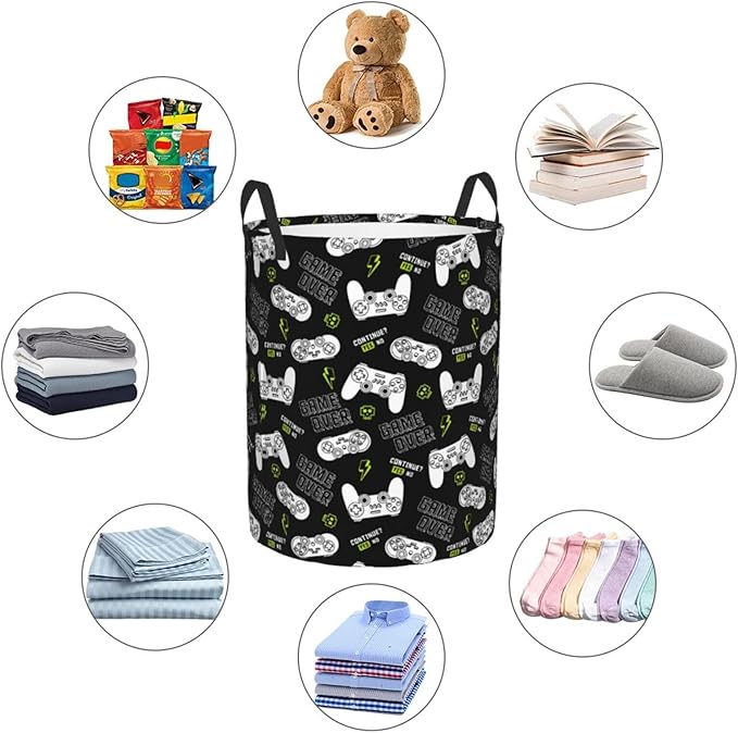 Game Controllers Pattern Round Laundry Hamper Gaming Joysticks Gamepad Storage Basket Toys Clothes Organizer Bin For Home Bathroom Bedroom Dorm Nursery, 38l