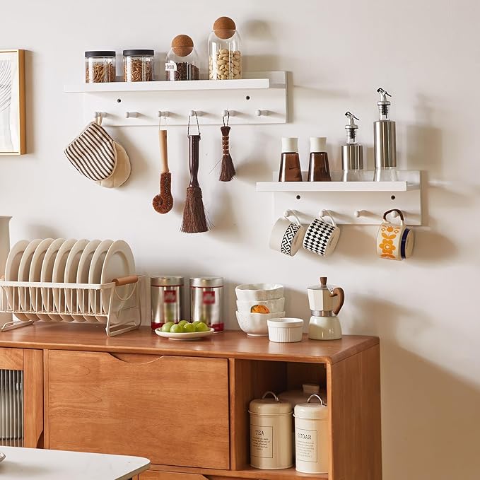 Wood Coat Hook with Wall-Mounted Shelf, 23.62in Entryway Wall Hanging Shelf, for Bathroom, Kitchen, Coat Towel Key Organizer White YD-WS0260W