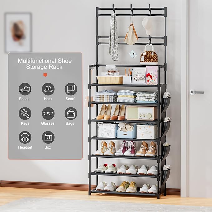 Shoe Rack 7 Tier Shoe Organizer Storage 21-28 Pairs Closet Shoes Rack for Front Door Entrance Shoe Rack Organizer with Hooks Side Pocket Entryway Large Capacity Shoe Shelf Tower Garage
