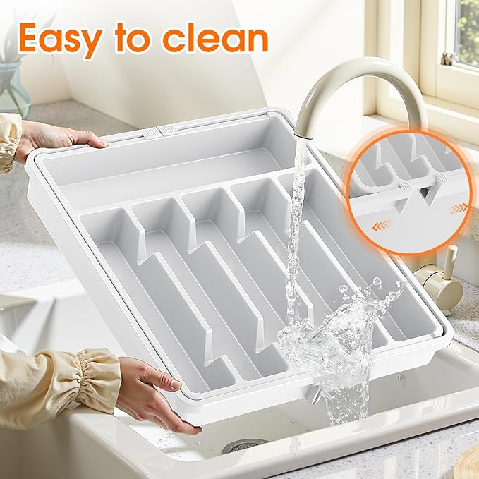Silverware Organizer,Adjustable & Expandable Utensil Drawer Organizer, BPA Free Utensil Holder, Cutlery Tray for Forks, Spoons, Knives in Kitchen, Large, White