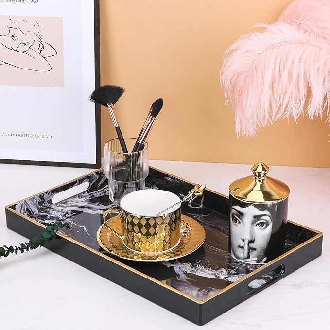 Zosenley Decorative Tray, Marbling Plastic Tray with Handles, Rectangular Vanity Tray and Serving Tray for Bathroom, Kitchen, Ottoman and Coffee Table, 15.6â x 10.2â, Black