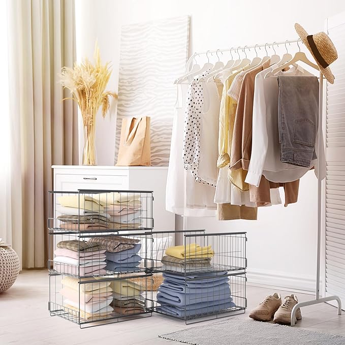 4-Tier Stackable Closet Organizers and Storage Shelves,Foldable Closet Shelf Organizer System, Space-Saving Clothes Storage Drawer Organizer for Wardrobe