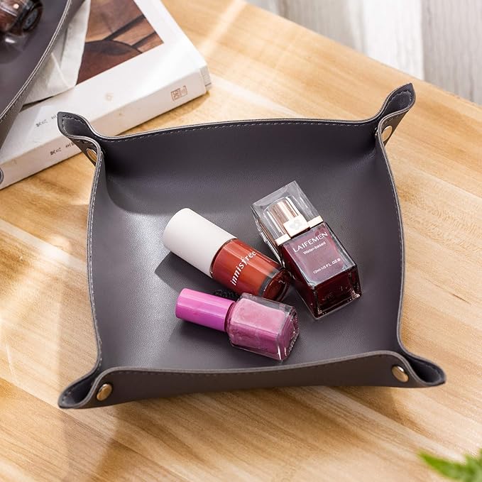 SANQIANWAN Leather Jewelry Valet Tray for Women and Man, Portable Entryway Table Tray Bedside Nightstand Desk Tray Small Catchall Travel Dish Plate for Key,Wallet,Watch,Coin (Deep Grey-B)