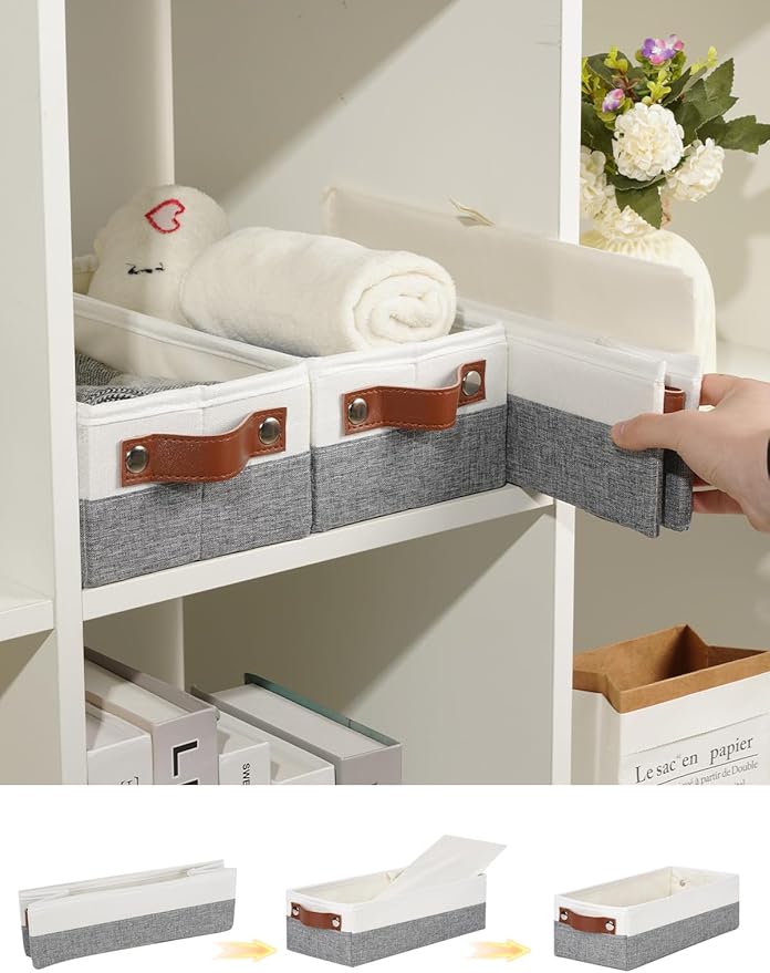 HNZIGE Small Fabric Storage Bins with Handles 3 Pack, Foldable Narrow Baskets for Organize Toilet Paper, Clothes, Diaper, Sock, Storage Bins for Shelves, White&Grey-13"x 5.9"x3.9"