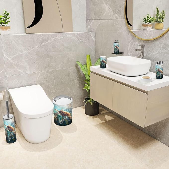 6 Piece Bathroom Accessories Set Sea Turtle Adventure Whimsical Kelp Forest Storybook Art Trash can Toilet Brush Holder Toothbrush Holder Toothbrush Cup Soap Dispenser Soap Dish for Home