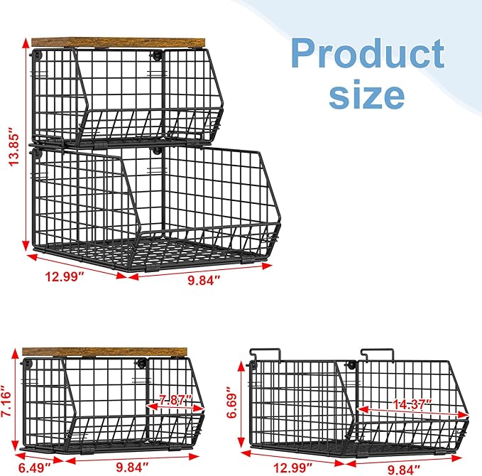 Stackable Fruit Basket for Kitchen Counter, 2 Tier Wire Baskets with Wooden Lid Top, Vegetable Storage Organizer Bins, Wall Mountable Pantry Baskets for Produce, Onion, Potato, Black