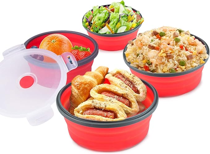 Guyuyii 4-Pack Silicone Collapsible Bowls with Lids - Round Nesting Food Storage Containers for Camping, RV & Office Lunch - Microwave Freezer Dishwasher Safe Foldable Set for Cereal, Soup & Leftovers