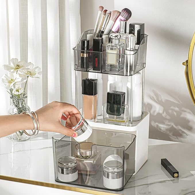 FORUP Makeup Organizer for Vanity, 2-Tier 1-Drawer Bathroom Counter Organizer, Multi-Purpose Vanity Organizer, Skincare Perfume Organizers for Vanity Bathroom Countertop, Grey