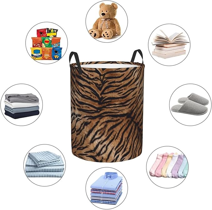 Tiger Texture Round Laundry Hamper Natural Animal Skin Print Storage Basket Toys Clothes Organizer Bin For Home Bathroom Bedroom Dorm Nursery, 38l