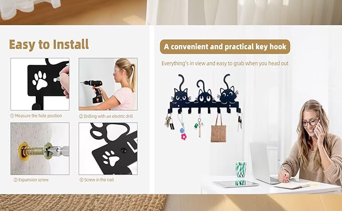 NEW Key Holder Wall Mounted with Screws and Anchors, Black Cute Cat Key Holder with 8 Hooks, Entryway Front Door Kitchen Hallway Garage Office(Three Cats)