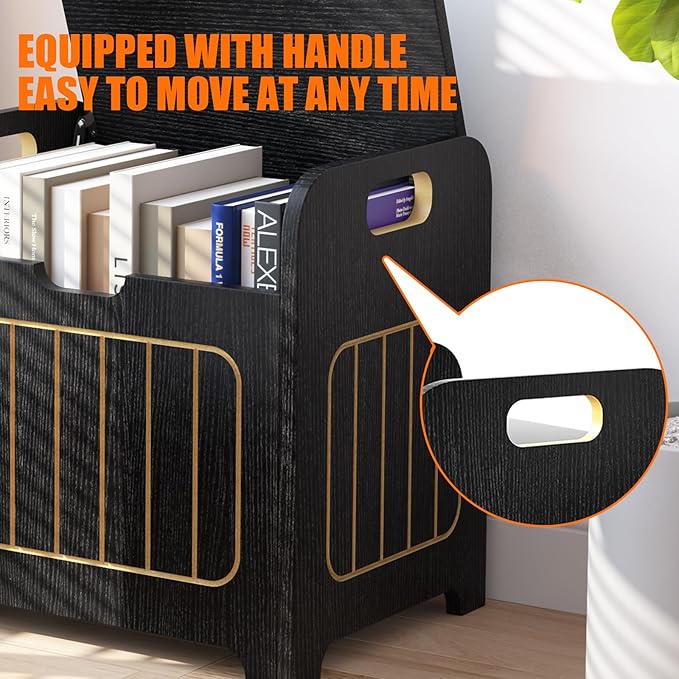 Black Wooden Storage Chest, Small Cube Storage Box Organizer with Handles, Wooden Storage Bin for Books and Clothes, Square Side Table for Entryway, Living Room or Bedroom
