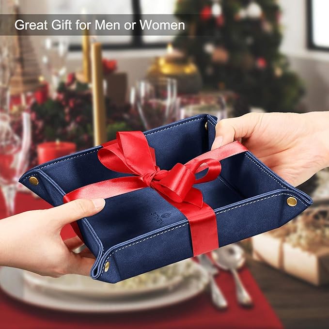 SITHON Valet Tray Desktop Storage Organizer â Premium PU Leather Catchall Bedside Vanity Tray Nightstand Caddy Holder for Keys, Phone, Wallet, Valentine's Day Gift, Dark Blue