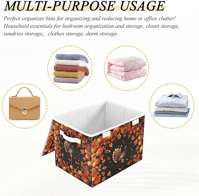 Collapsible Storage Bins with Lids Decorative Fabric Storage Cubes Closet Organizer and Storage Basket Boxes Containers for Clothes Box Chest Nursery Folding Rectangle Orange Maple Leaves Tha