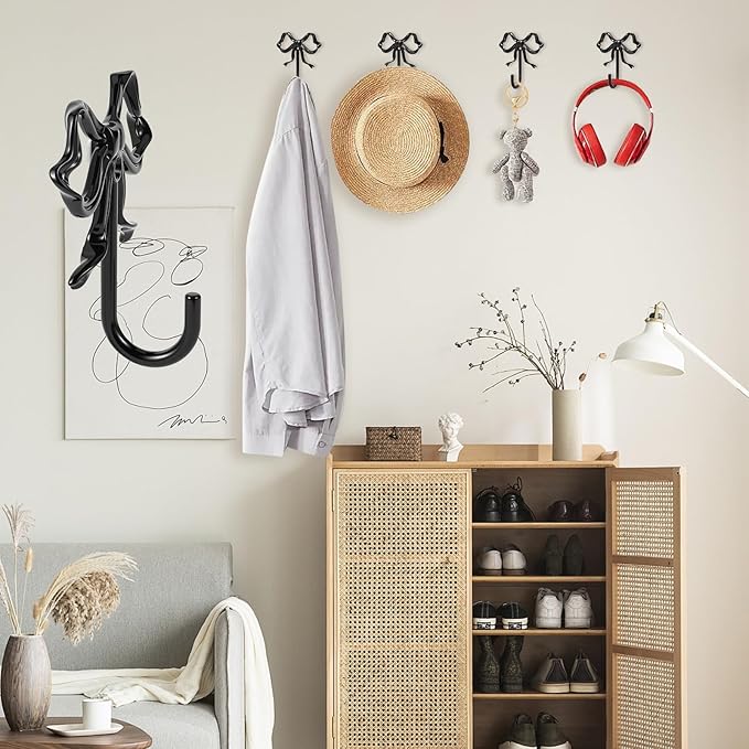 2 PCS Large Size Black Bow Wall Hook, Black Coat Hook, Metal Hooks, Bow Room Decor Hooks for Coats, Coffee Mugs, Hats, Bags, Bath Towels and Room Decorations