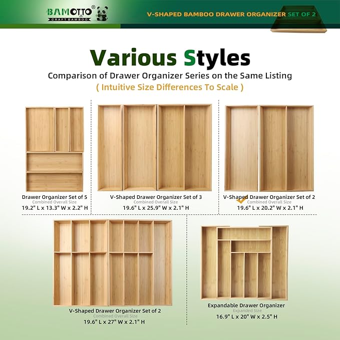 V-Shaped 2-Pack 19.6" Long Bamboo Drawer Organizer Box - Easy Reach Kitchen Utensil Flatware Silverware Cooking Tools Storage for Home Bedroom Bathroom (19.6"x12.4"/19.6"x7.8")