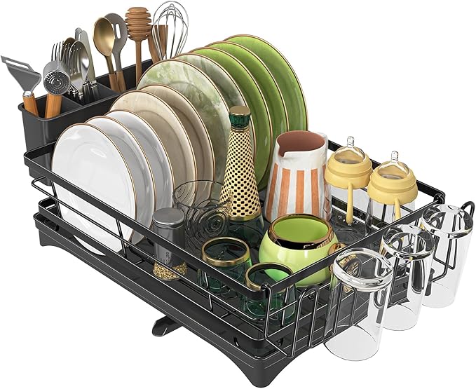 Dish Drying Rack for Kitchen Counter - Large Capacity Dish Drainer with Cutlery Holder & Drip Tray, Space Saving Kitchen Organizer (12x15.7), Black