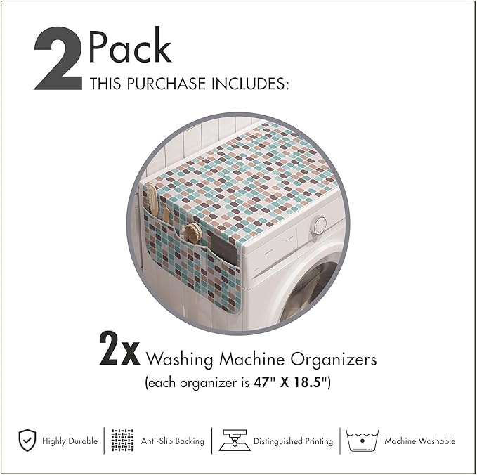Ambesonne Abstract Washing Machine Organizer Pack of 2, Rounded Squares Illustration, Anti-Slip Cover for Washers Dryers, 47" x 18.5", Teal Brown