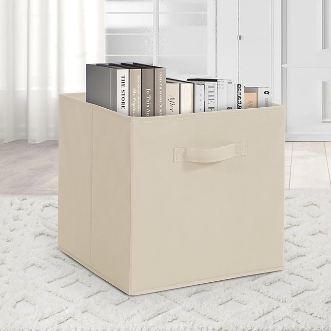 11 Inch Fabric Storage Cubes, Sturdy Foldable Storage Bins, Heavy Duty Cube Organizer for Clothes, Blankets, Shelves, Closets, Bedroom, Living Room, Beige, 9 Pack