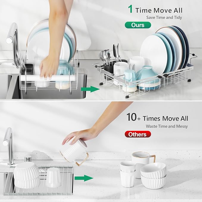 GSlife Expandable Dish Drying Rack for Large Sink- Stainless Steel Over the Sink Dish Drainer with Locking Knob for Kitchen, Arms with Non Slip Rubber, 12.8" W x 13.4"-20.5" L, Silver