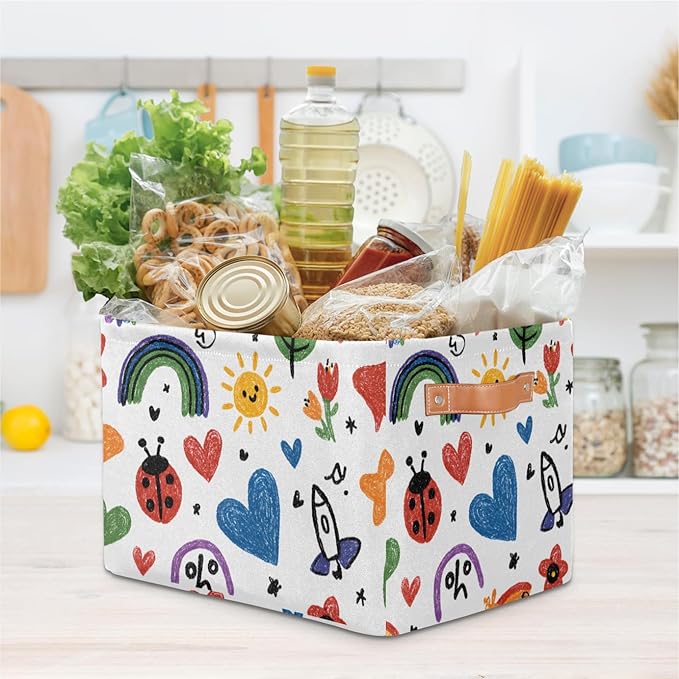 Cute Storage Bins for Organization, Canvas Book Storage Bins Handles, Bedroom Shelves Decorative Baskets for Organizing, Fabric Cube Bin Classroom Dorm Closet Organizer Box (Colorful Graffiti)