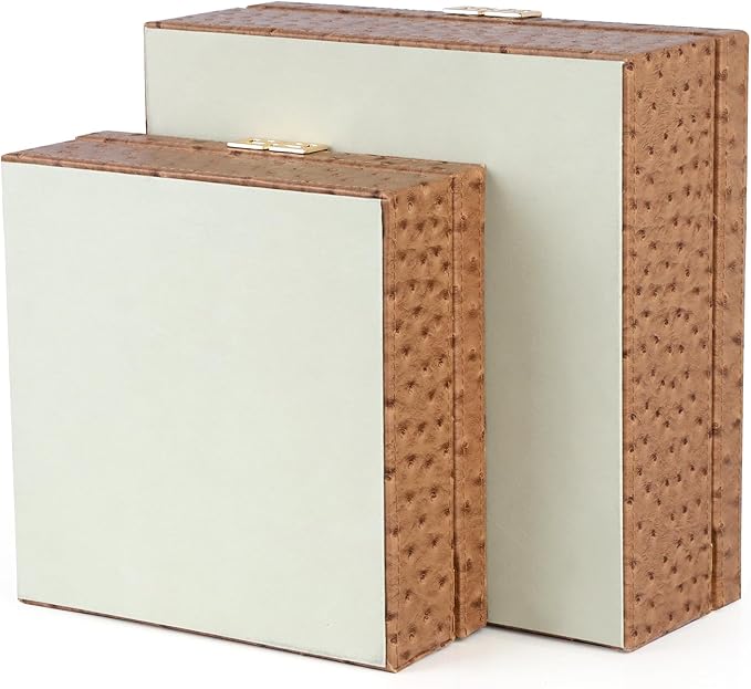 HofferRuffer Square Decorative Boxes, Set of 2 Nesting Storage Memory Keepsake Boxes with Lids, Stylish PU Leather Trinket Jewelry Organizer Box for Home Decor and Storage (Camel Ostrich)
