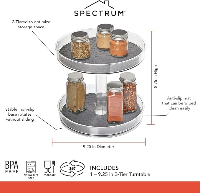 Spectrum 2 Tier Lazy Susan Hexa Kitchen Organizer Charcoal Gray Two Shelf Spinning Rotating Turntable for Deep Cabinet Countertop Refrigerator Pantry Table Under Sink Spice Rack Storage 9.25 Inch