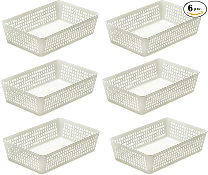 YBM HOME 6-Pack Plastic Storage Baskets Bins for Home Junk Drawer, Shelves, and Office Organization, Functional Trays/Containers Great for Kitchen Pantry, Cabinets, Bedrooms, and Bathrooms, White