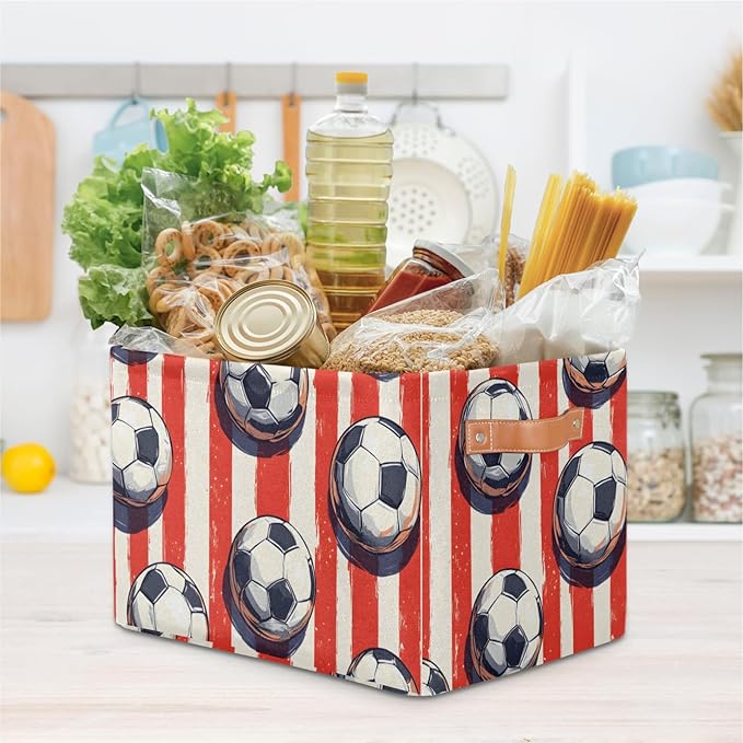 Storage Bins for Organization, Soccer Canvas Book Storage Bins with Handles, Bedroom Shelves Decorative Baskets for Organizing, Fabric Cube Bin Classroom Dorm Closet Organizer Box