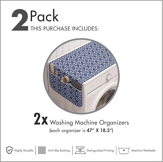 Ambesonne Dutch Washing Machine Organizer Pack of 2, Delft Style Geometric Pattern with Rhombuses and Hexagons Holland Design, Anti-Slip Cover for Washers Dryers, 47" x 18.5", Navy Blue