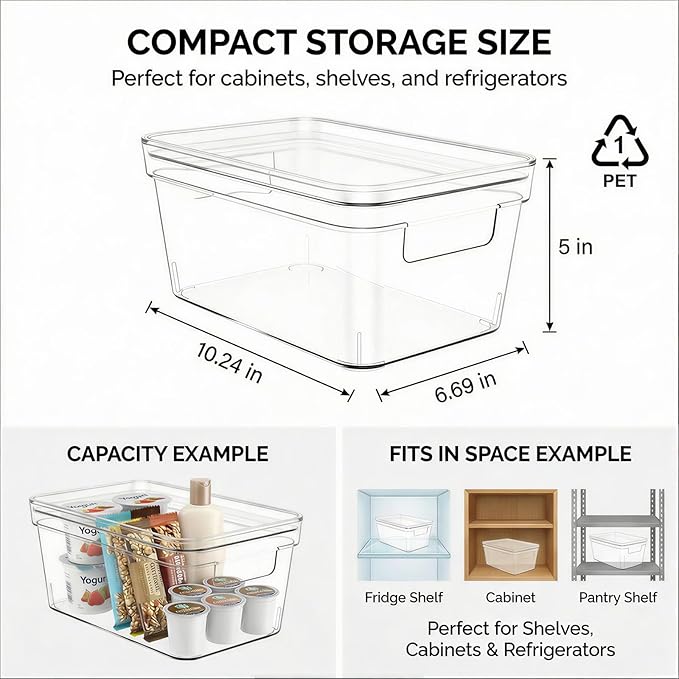 MOONEDGE Small Clear Plastic Storage Bins with Lids and Handles – Stackable Clear Organizer Bins for Refrigerator, Kitchen, Pantry, Bathroom, Closet, Laundry Room, Office – 4 Pack (10×6×5 in)