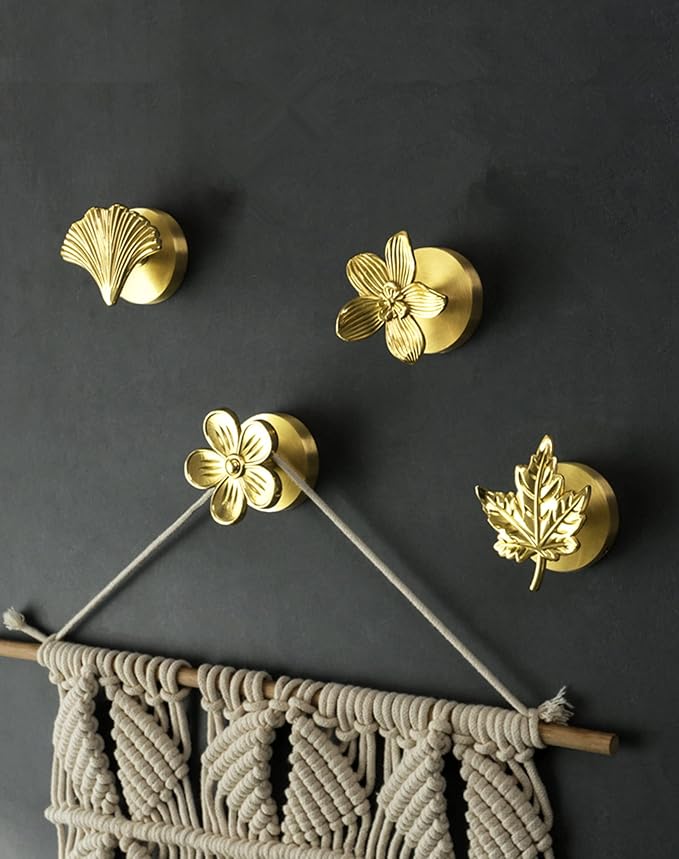 Brass Bird Coat Rack Robe Wall Hooks Hat Dragonfly Hanger for Bedroom Kitchen Various Shapes Animal Deer Decor Home Accessories (1, Ginkgo Leaf)