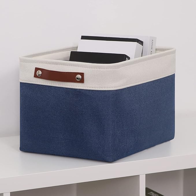 HNZIGE Large Storage Baskets for Shelves(3 Pack) Fabric Toy Basket with Leather Handles, Decorative Foldable Storage Baskets (White&Blue,15" x 11" x 9.5")