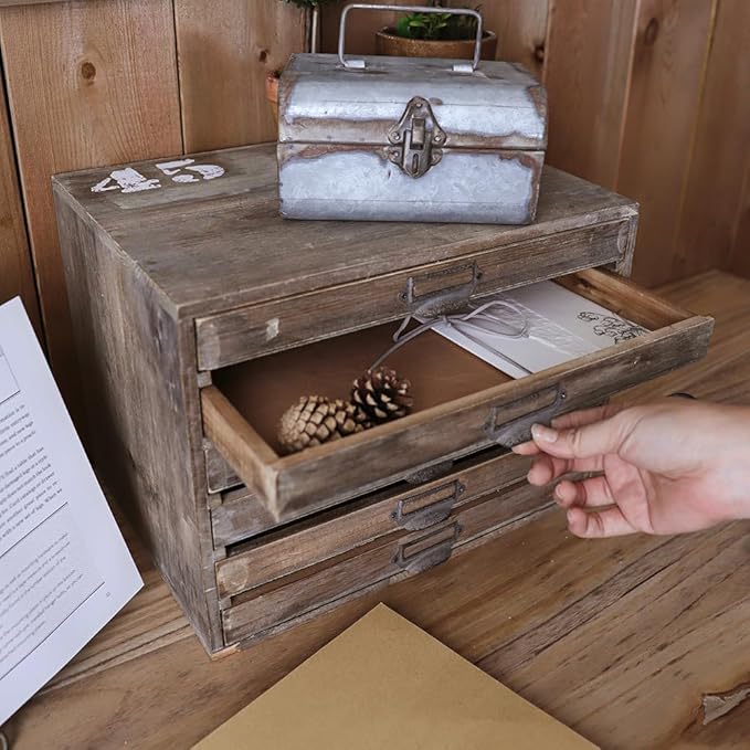 Vintage Wooden Storage Box Desktop Organizer Cabinet with 6 Drawers Rustic Farmhouse Distressed Decor Jewelry Cosmetics Craft Paper Small Tool Library Card Catalog Cabinet for Home Office Desk (Brown)
