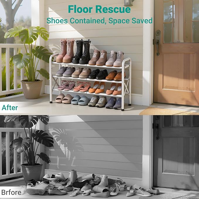 3-Tier Expandable Shoe Rack for Closet Floor, X-Frame Metal Small Shoe Rack for Entryway, Adjustable Shoe Shelf Organizer, Free Standing Shoe Racks for Front Door Entrance, Garage - White