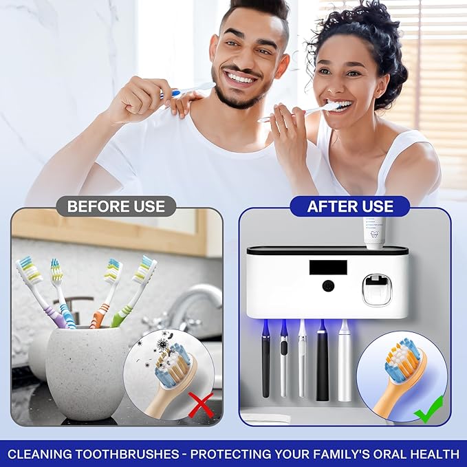 Punch-Free Wall Mounted Bathroom Toothbrush Holder, 5 Toothbrush Slots, Bathroom Toothbrush Sterilizer with Toothpaste Dispenser USB Charging Toothbrush Holder (White)