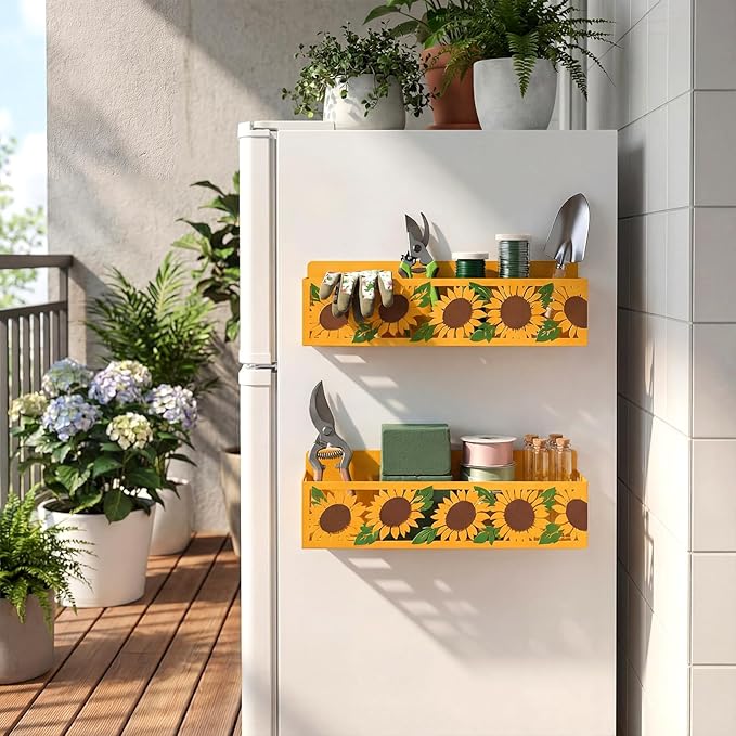 2 Pack Sunflower Magnetic Spice Rack for Refrigerator Metal Magnet Basket Shelf for Fridge Seasoning Storage Organizers Home Decor Kitchen Accessories (White)