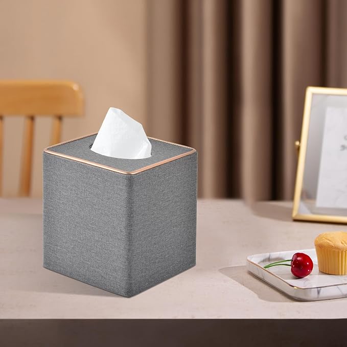 Linen Square Tissue Box Holder Cube Tissue Box Coverï¼Rosegold Leather Recorate,Napkin Holder Case Dispenser, Tissue Holders with Magnetic Bottom for Home Office Car Hotel Restaurant,Grey