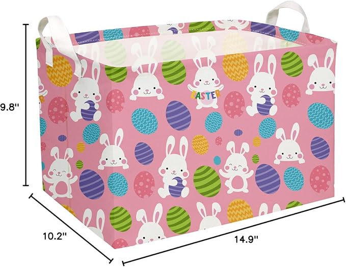 Essme Rectangular Pink Easter Baskets, Easket Basket for Kids with Handles for Easter Decor,Shelf Basket,Toy Organizer,Easter Gift.(Pink Easter)