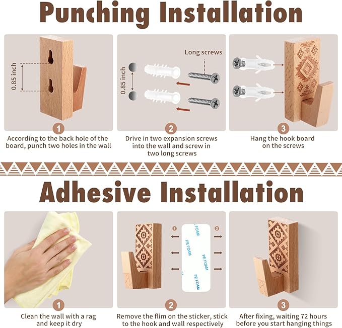 Amyhill 8 Pack Boho Decorative Wood Adhesive Wall Hooks, Boho Wooden Hooks for Hanging Hat, Coat, Jacket - No Damage Wall Mount Towel Hangers Key Holder, Bathroom Kitchen Decor(Classic Color)