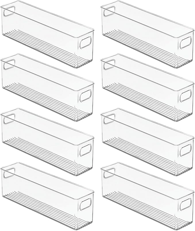 mDesign Plastic Bathroom Storage Container Bins w/ Handles - Closet, Cabinet, Vanity, Cupboard Shelf Organization, Hair Tools Accessory Organizer - Ligne Collection; Clear, â5x3.75x16 (Pack of 8)