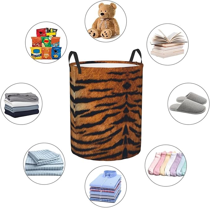 Tiger Animal Texture Round Laundry Hamper Storage Basket Toys Clothes Organizer Bin For Home Bathroom Bedroom Dorm Nursery, 38l