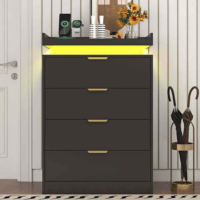 Black Dresser with LED Lights, Wooden LED Dresser, 4 Drawer Chest with Charging Station, Tall Chest of Drawer Closet Organizer for Bedroom, Living Room, Entryway, Hallway