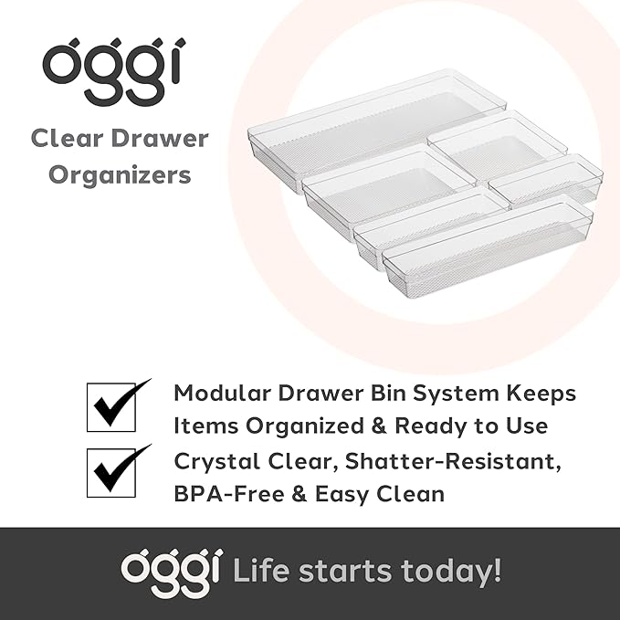 Oggi Clear Drawer Organizer - 6.25" X 9.25" (Set of 6) - Ideal for Organizing Kitchen Drawers, Office, Desk, Silverware, Kitchen Utensils, Cosmetics and Bathrooms