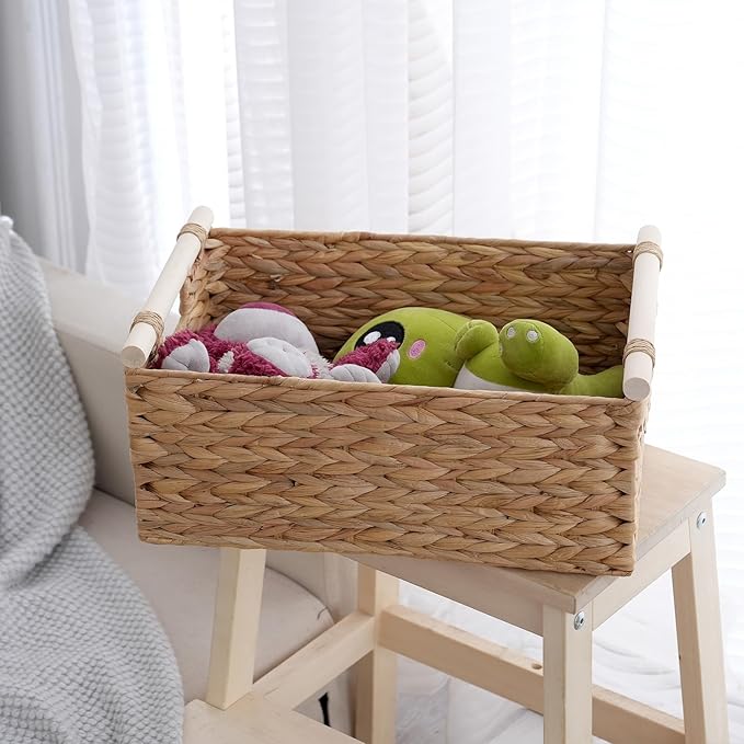 Wicker Storage Basket with Handles 13.6x9.5x5.6 Inch, Natural Woven Storage Baskets for Shelves Organization, Decorative Basket for Kitchen, Bathroom, Living Room Decor, Farmhouse Home Decor
