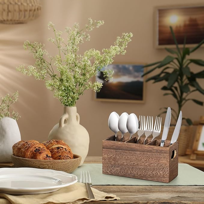 Wooden Silverware Holder, Kitchen Utensil Caddy with 3 Compartments, Cutlery Storage Organizer Countertop, Flatware Organizer for Party, Spoon, Fork Holder