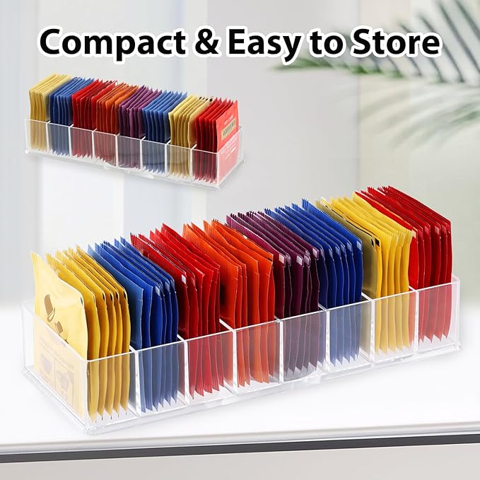 6 Pack Tea Bag Organizer, Clear Plastic Tea Bag Holder with Adhesive Non-Slip Pads, 8-Compartment Sugar & Drink Packet Organizer for Kitchen Storage Organization, Break Room, Pantry Even Drawer