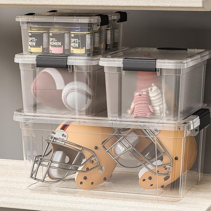 Superio Small Clear Storage Boxes with Lids, 4.75 Quart Plastic Container Bins for Organizing, Stackable Crates, BPA Free, Non Toxic, Odor Free, Organizers for Home, Office and Dorm, 4 Pack